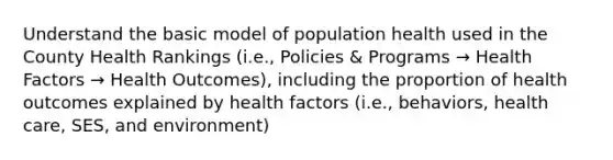 Understand the basic model of population health used in the County Health Rankings (i.e., Policies & Programs → Health Factors → Health Outcomes), including the proportion of health outcomes explained by health factors (i.e., behaviors, health care, SES, and environment)