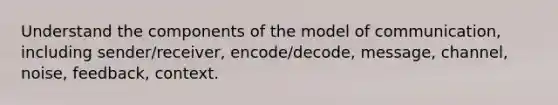 Understand the components of the model of communication, including sender/receiver, encode/decode, message, channel, noise, feedback, context.