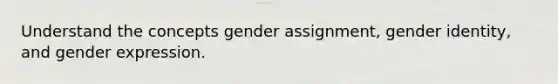 Understand the concepts gender assignment, gender identity, and gender expression.