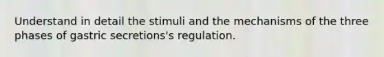 Understand in detail the stimuli and the mechanisms of the three phases of gastric secretions's regulation.