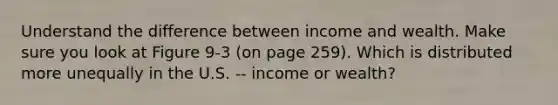 Understand the difference between income and wealth. Make sure you look at Figure 9-3 (on page 259). Which is distributed more unequally in the U.S. -- income or wealth?