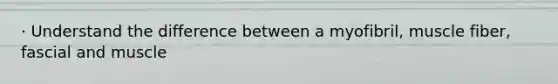 · Understand the difference between a myofibril, muscle fiber, fascial and muscle