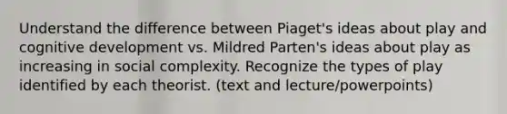 Understand the difference between Piaget's ideas about play and cognitive development vs. Mildred Parten's ideas about play as increasing in social complexity. Recognize the types of play identified by each theorist. (text and lecture/powerpoints)