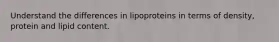 Understand the differences in lipoproteins in terms of density, protein and lipid content.