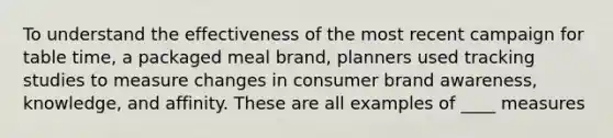 To understand the effectiveness of the most recent campaign for table time, a packaged meal brand, planners used tracking studies to measure changes in consumer brand awareness, knowledge, and affinity. These are all examples of ____ measures