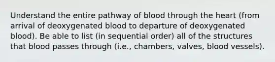 Understand the entire pathway of blood through the heart (from arrival of deoxygenated blood to departure of deoxygenated blood). Be able to list (in sequential order) all of the structures that blood passes through (i.e., chambers, valves, blood vessels).