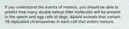 If you understand the events of meiosis, you should be able to predict how many double-helical DNA molecules will be present in the sperm and egg cells of dogs, diploid animals that contain 78 replicated chromosomes in each cell that enters meiosis.