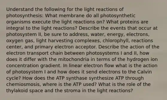 Understand the following for the light reactions of photosynthesis: What membrane do all photosynthetic organisms execute the light reactions on? What proteins are integral to the light reactions? Describe the events that occur at photosystem II, be sure to address, water, energy, electrons, oxygen gas, light harvesting complexes, chlorophyll, reactions center, and primary electron acceptor. Describe the action of the electron transport chain between photosystems I and II, how does it differ with the mitochondria in terms of the hydrogen ion concentration gradient. In linear electron flow what is the action of photosystem I and how does it send electrons to the Calvin cycle? How does the ATP synthase synthesize ATP through chemiosmosis, where is the ATP used? What is the role of the thylakoid space and the stroma in the light reactions?