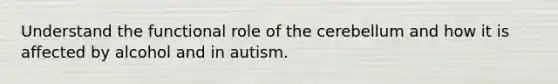 Understand the functional role of the cerebellum and how it is affected by alcohol and in autism.