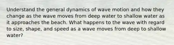 Understand the general dynamics of wave motion and how they change as the wave moves from deep water to shallow water as it approaches the beach. What happens to the wave with regard to size, shape, and speed as a wave moves from deep to shallow water?