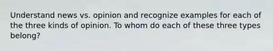 Understand news vs. opinion and recognize examples for each of the three kinds of opinion. To whom do each of these three types belong?