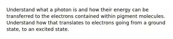 Understand what a photon is and how their energy can be transferred to the electrons contained within pigment molecules. Understand how that translates to electrons going from a ground state, to an excited state.