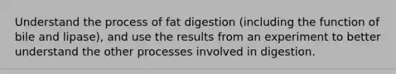 Understand the process of fat digestion (including the function of bile and lipase), and use the results from an experiment to better understand the other processes involved in digestion.