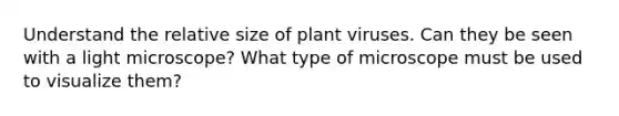 Understand the relative size of plant viruses. Can they be seen with a light microscope? What type of microscope must be used to visualize them?