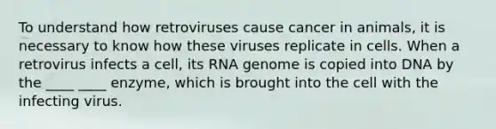 To understand how retroviruses cause cancer in animals, it is necessary to know how these viruses replicate in cells. When a retrovirus infects a cell, its RNA genome is copied into DNA by the ____ ____ enzyme, which is brought into the cell with the infecting virus.