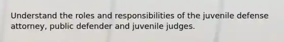 Understand the roles and responsibilities of the juvenile defense attorney, public defender and juvenile judges.