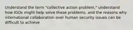 Understand the term "collective action problem," understand how IGOs might help solve these problems, and the reasons why international collaboration over human security issues can be difficult to achieve