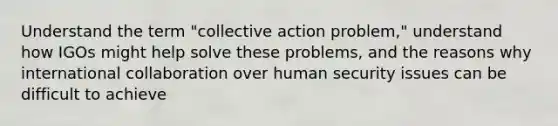 Understand the term "collective action problem," understand how IGOs might help solve these problems, and the reasons why international collaboration over human security issues can be difficult to achieve