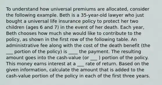 To understand how universal premiums are allocated, consider the following example. Beth is a 35-year-old lawyer who just bought a universal life insurance policy to protect her two children (ages 6 and 7) in the event of her death. Each year, Beth chooses how much she would like to contribute to the policy, as shown in the first row of the following table. An administrative fee along with the cost of the death benefit (the ___ portion of the policy) is ____ the payment. The resulting amount goes into the cash-value (or ___ ) portion of the policy. This money earns interest at a ___ rate of return. Based on the given information, calculate the amount that is added to the cash-value portion of the policy in each of the first three years.