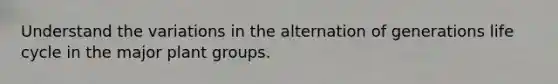 Understand the variations in the alternation of generations life cycle in the major plant groups.