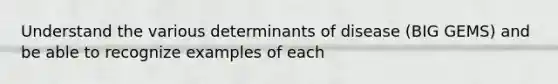 Understand the various determinants of disease (BIG GEMS) and be able to recognize examples of each