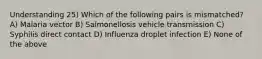 Understanding 25) Which of the following pairs is mismatched? A) Malaria vector B) Salmonellosis vehicle transmission C) Syphilis direct contact D) Influenza droplet infection E) None of the above