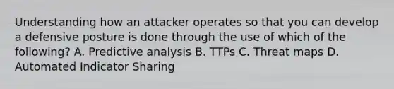 Understanding how an attacker operates so that you can develop a defensive posture is done through the use of which of the following? A. Predictive analysis B. TTPs C. Threat maps D. Automated Indicator Sharing