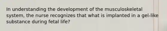 In understanding the development of the musculoskeletal system, the nurse recognizes that what is implanted in a gel-like substance during fetal life?