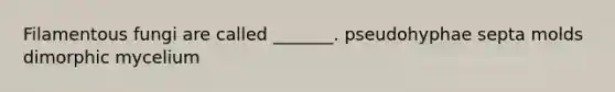 Filamentous fungi are called _______. pseudohyphae septa molds dimorphic mycelium