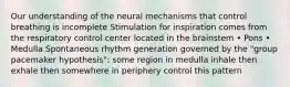 Our understanding of the neural mechanisms that control breathing is incomplete Stimulation for inspiration comes from the respiratory control center located in the brainstem • Pons • Medulla Spontaneous rhythm generation governed by the "group pacemaker hypothesis": some region in medulla inhale then exhale then somewhere in periphery control this pattern