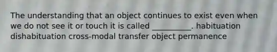 The understanding that an object continues to exist even when we do not see it or touch it is called __________. habituation dishabituation cross-modal transfer object permanence