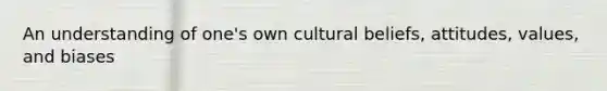 An understanding of one's own cultural beliefs, attitudes, values, and biases