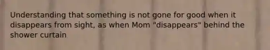 Understanding that something is not gone for good when it disappears from sight, as when Mom "disappears" behind the shower curtain