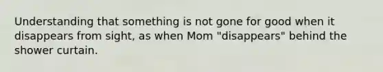 Understanding that something is not gone for good when it disappears from sight, as when Mom "disappears" behind the shower curtain.