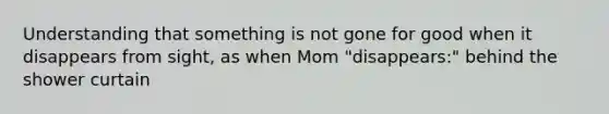 Understanding that something is not gone for good when it disappears from sight, as when Mom "disappears:" behind the shower curtain