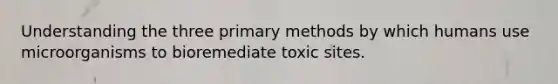 Understanding the three primary methods by which humans use microorganisms to bioremediate toxic sites.