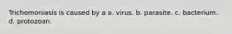 Trichomoniasis is caused by a a. virus. b. parasite. c. bacterium. d. protozoan.