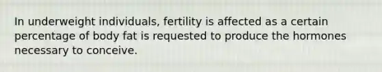 In underweight individuals, fertility is affected as a certain percentage of body fat is requested to produce the hormones necessary to conceive.