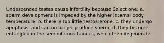 Undescended testes cause infertility because Select one: a. sperm development is impeded by the higher internal body temperature. b. there is too little testosterone. c. they undergo apoptosis, and can no longer produce sperm. d. they become entangled in the seminiferous tubules, which then degenerate.