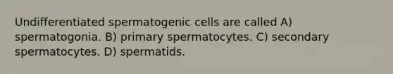 Undifferentiated spermatogenic cells are called A) spermatogonia. B) primary spermatocytes. C) secondary spermatocytes. D) spermatids.