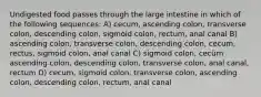 Undigested food passes through the large intestine in which of the following sequences: A) cecum, ascending colon, transverse colon, descending colon, sigmoid colon, rectum, anal canal B) ascending colon, transverse colon, descending colon, cecum, rectus, sigmoid colon, anal canal C) sigmoid colon, cecürn ascending colon, descending colon, transverse colon, anal canal, rectum D) cecum, sigmoid colon, transverse colon, ascending colon, descending colon, rectum, anal canal