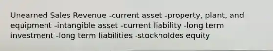 Unearned Sales Revenue -current asset -property, plant, and equipment -intangible asset -current liability -long term investment -long term liabilities -stockholdes equity