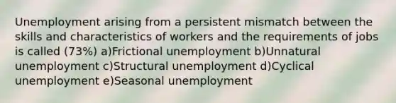 Unemployment arising from a persistent mismatch between the skills and characteristics of workers and the requirements of jobs is called (73%) a)Frictional unemployment b)Unnatural unemployment c)Structural unemployment d)Cyclical unemployment e)Seasonal unemployment