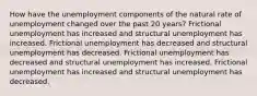 How have the unemployment components of the natural rate of unemployment changed over the past 20 years? Frictional unemployment has increased and structural unemployment has increased. Frictional unemployment has decreased and structural unemployment has decreased. Frictional unemployment has decreased and structural unemployment has increased. Frictional unemployment has increased and structural unemployment has decreased.