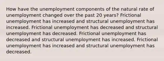 How have the unemployment components of the natural rate of unemployment changed over the past 20 years? Frictional unemployment has increased and structural unemployment has increased. Frictional unemployment has decreased and structural unemployment has decreased. Frictional unemployment has decreased and structural unemployment has increased. Frictional unemployment has increased and structural unemployment has decreased.