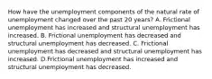 How have the unemployment components of the natural rate of unemployment changed over the past 20 years? A. Frictional unemployment has increased and structural unemployment has increased. B. Frictional unemployment has decreased and structural unemployment has decreased. C. Frictional unemployment has decreased and structural unemployment has increased. D.Frictional unemployment has increased and structural unemployment has decreased.