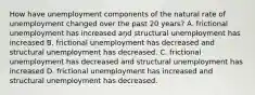 How have unemployment components of the natural rate of unemployment changed over the past 20 years? A. frictional unemployment has increased and structural unemployment has increased B. frictional unemployment has decreased and structural unemployment has decreased. C. frictional unemployment has decreased and structural unemployment has increased D. frictional unemployment has increased and structural unemployment has decreased.