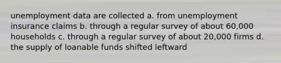 unemployment data are collected a. from unemployment insurance claims b. through a regular survey of about 60,000 households c. through a regular survey of about 20,000 firms d. the supply of loanable funds shifted leftward