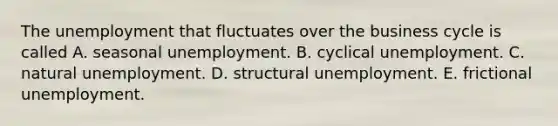 The unemployment that fluctuates over the business cycle is called A. seasonal unemployment. B. cyclical unemployment. C. natural unemployment. D. structural unemployment. E. frictional unemployment.