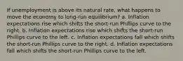 If unemployment is above its natural rate, what happens to move the economy to long-run equilibrium? a. Inflation expectations rise which shifts the short-run Phillips curve to the right. b. Inflation expectations rise which shifts the short-run Phillips curve to the left. c. Inflation expectations fall which shifts the short-run Phillips curve to the right. d. Inflation expectations fall which shifts the short-run Phillips curve to the left.